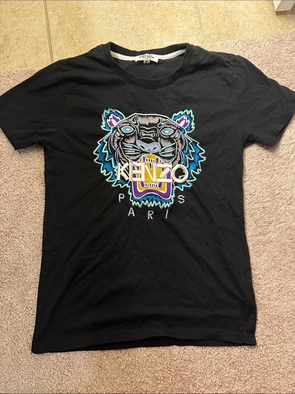 Kenzo Kids Black Tee with Multicolor Embroidered Tiger